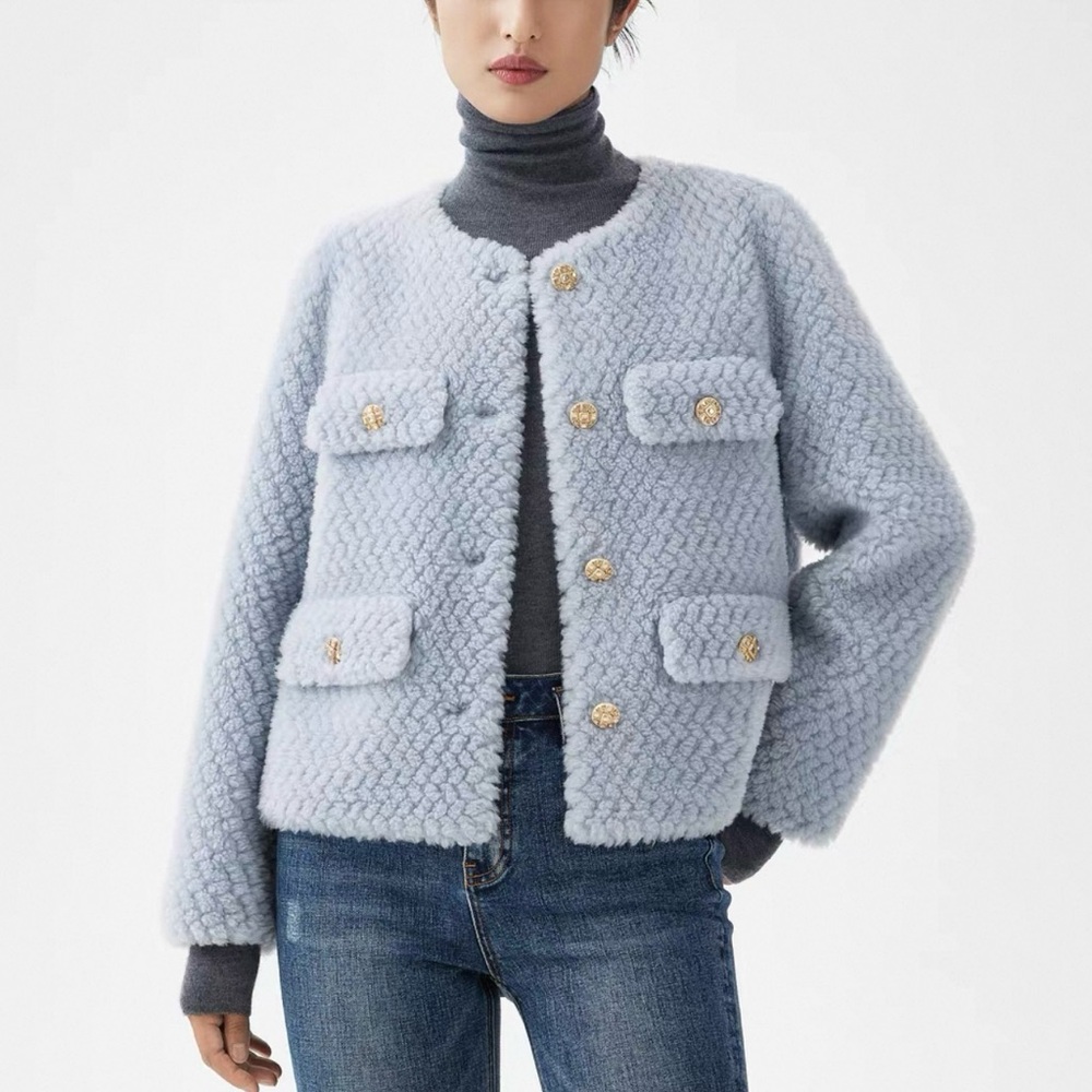 Lancy Chic Blue Faux Fur Jacket with Vintage Gold Button Accents